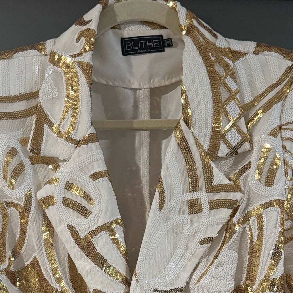 BLITHE White & Gold Sequin Embellished Art Deco Blazer Coat/Jacket size M - Picture 8 of 8